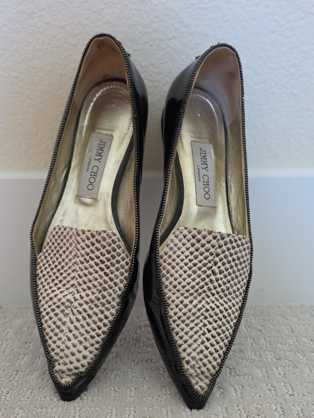Jimmy Choo Black Patent and Beige Snakeskin-Print Pointed Flats